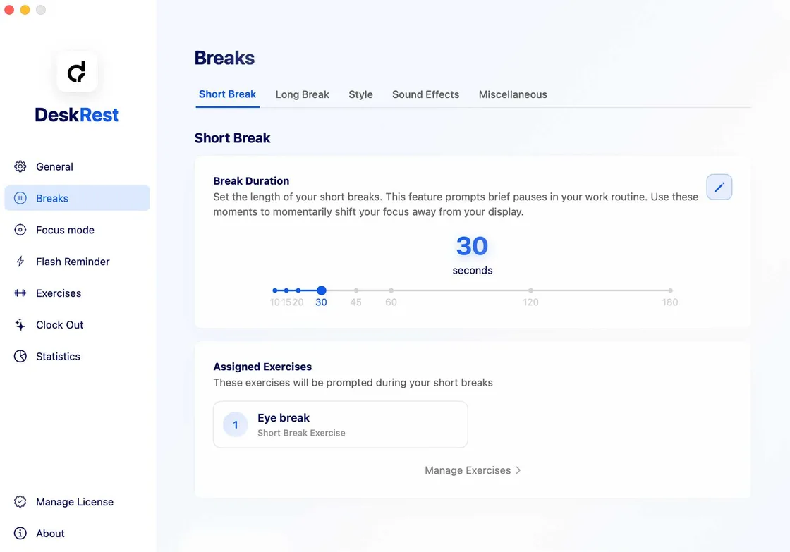 DeskRest break settings showing short and long break scheduling