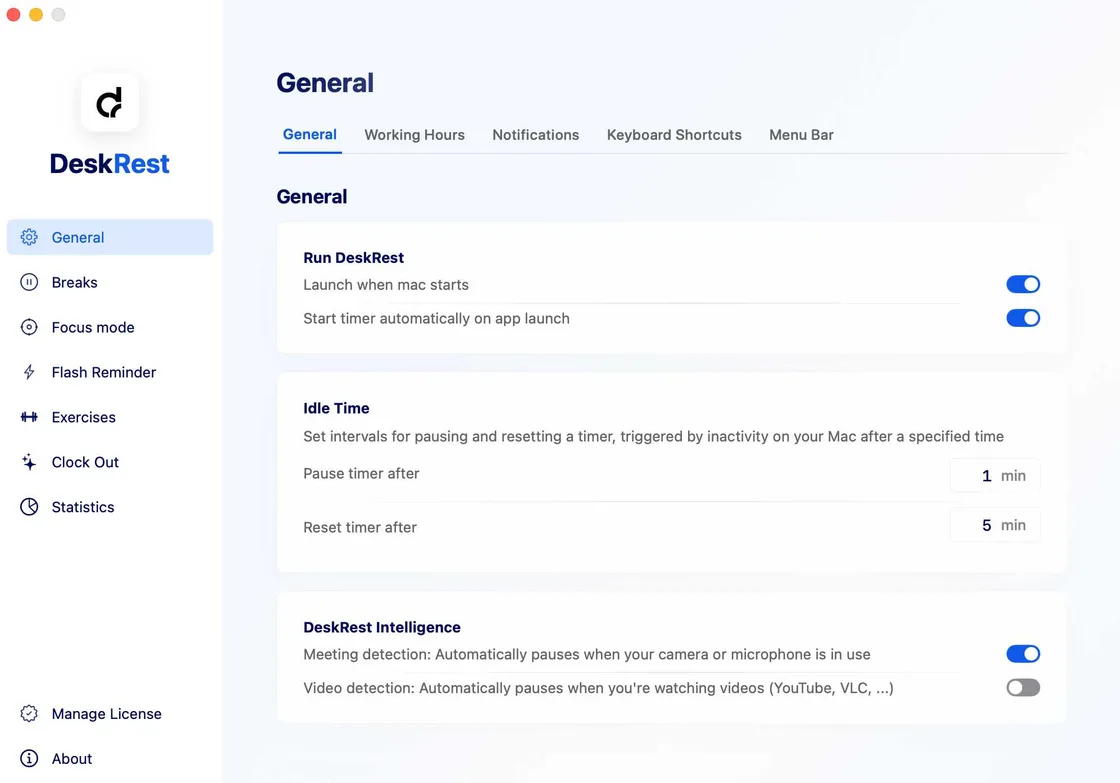 DeskRest general settings on macOS — permissions are visible and local